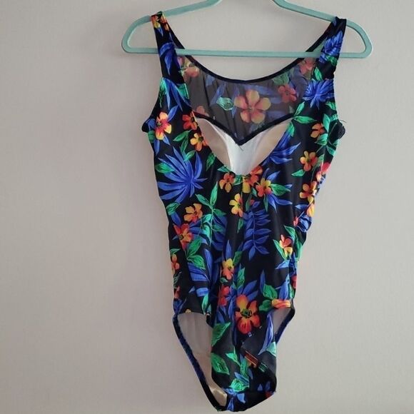 VINTAGE Floral Print bathing suit with Sheer Neckline - Picture 4 of 5